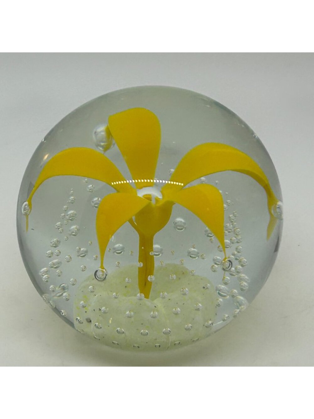 Wheaton Glass Controlled Bubble Paperweight With Yellow Flower Design
